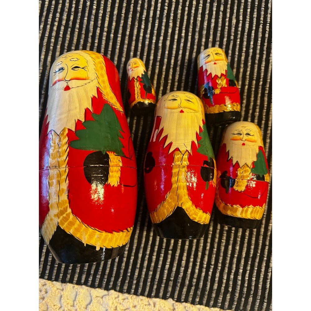 Vintage Santa Claus Wooden Nesting Dolls 5 Piece Christmas Set